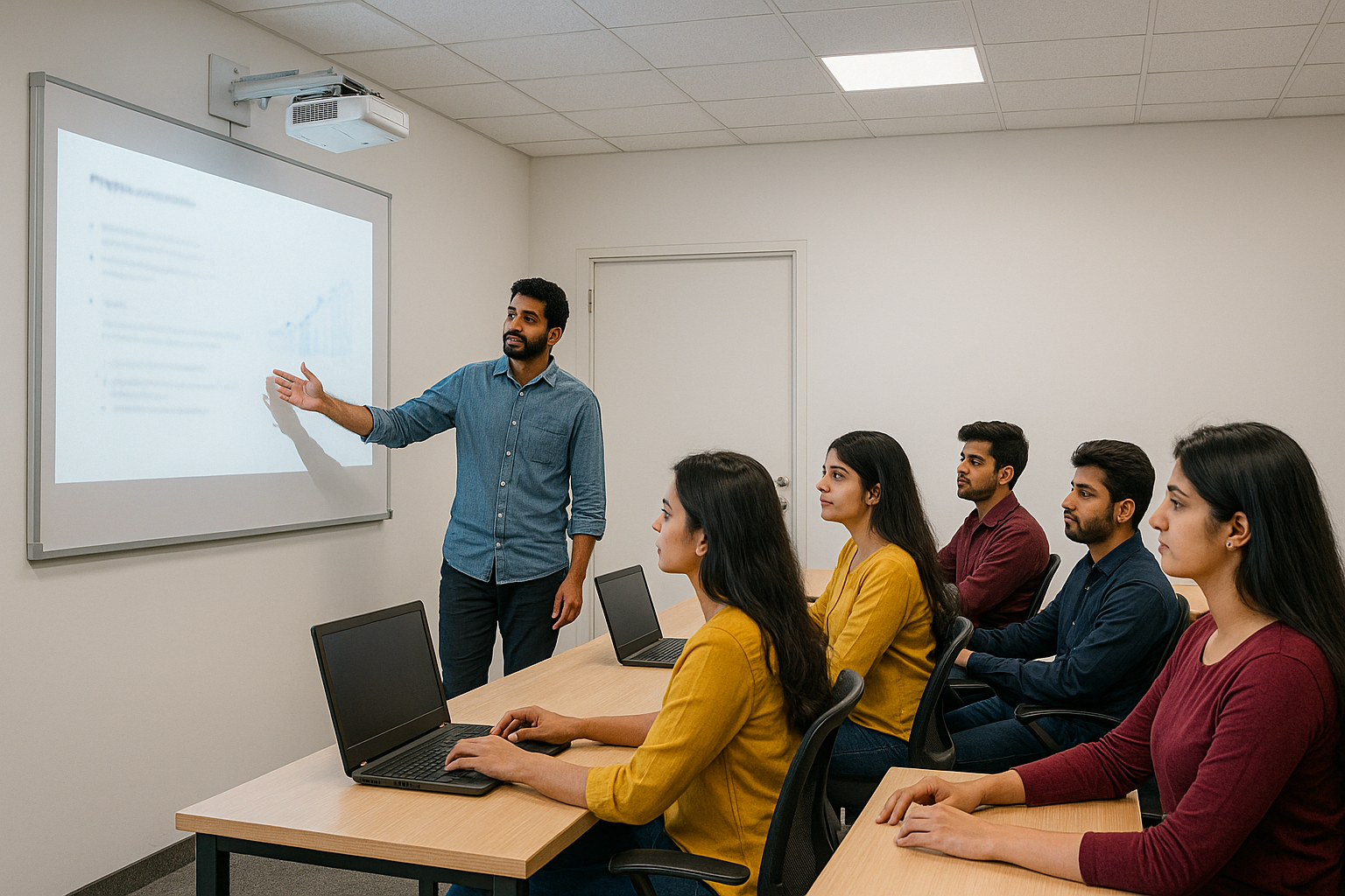Smart classroom with projector and students